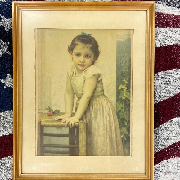 Vintage RARE Antique YVONNE by W-BOVGVEREAV-1896 Framed Print Girl with cherries - Picture 1 of 5